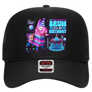 Bruh Its My Birthday Llama Boy Girl Family Party Bday High Crown Mesh Back Trucker Hat