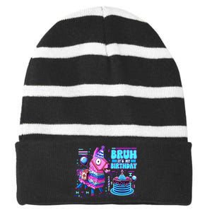 Bruh Its My Birthday Llama Boy Girl Family Party Bday Striped Beanie with Solid Band