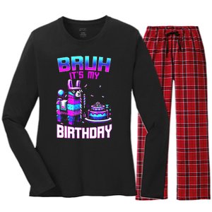 Bruh Its My Birthday Llama Pinata Boy Girl Family Party Bday Women's Long Sleeve Flannel Pajama Set 