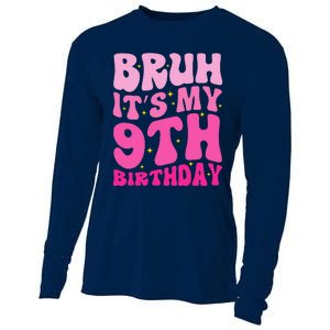 Bruh ItS My 9th Birthday 9 Year Old 9yr Cute Groovy Pink Cooling Performance Long Sleeve Crew