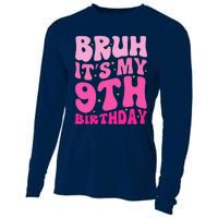 Bruh ItS My 9th Birthday 9 Year Old 9yr Cute Groovy Pink Cooling Performance Long Sleeve Crew