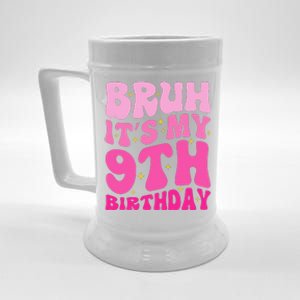 Bruh ItS My 9th Birthday 9 Year Old 9yr Cute Groovy Pink Beer Stein