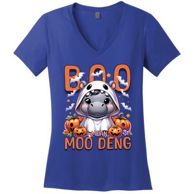 Boo I Mean Moo Deng Halloween Pygmy Hippo Gift Women's V-Neck T-Shirt