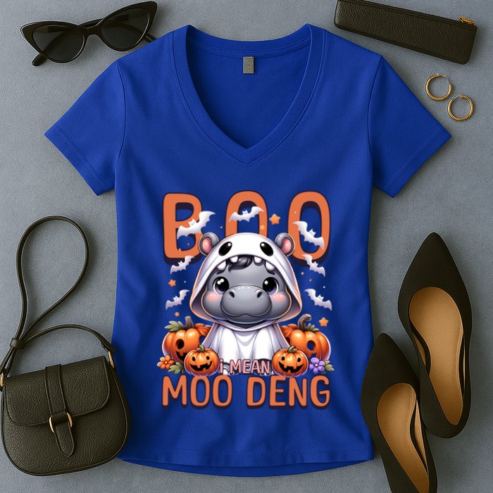Boo I Mean Moo Deng Halloween Pygmy Hippo Gift Women's V-Neck T-Shirt