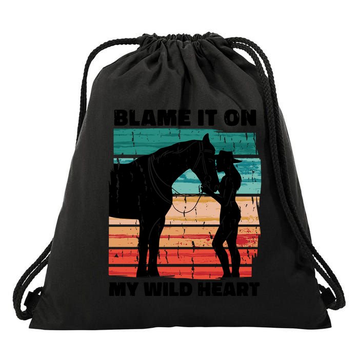 Blame It On My Wild Heart Horse Retro Drawstring Bag