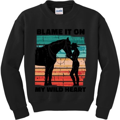 Blame It On My Wild Heart Horse Retro Kids Sweatshirt