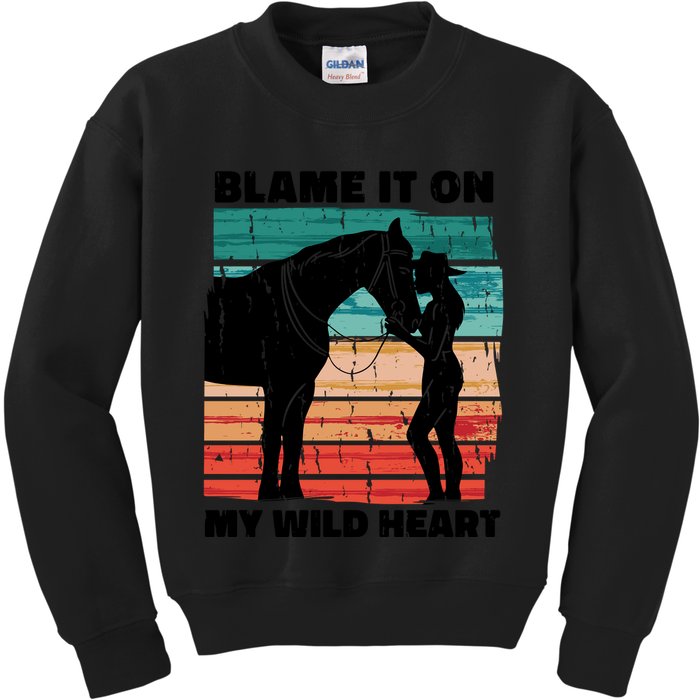 Blame It On My Wild Heart Horse Retro Kids Sweatshirt