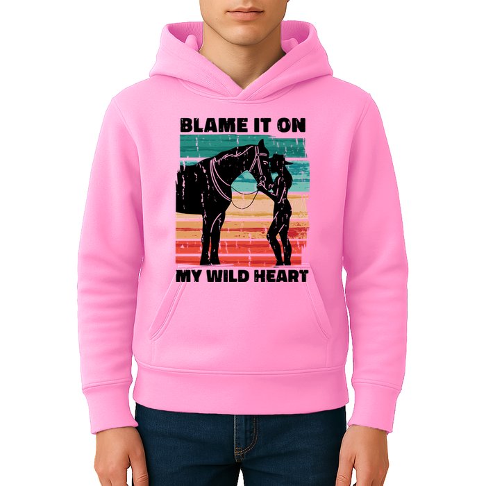 Blame It On My Wild Heart Horse Retro Kids Hoodie