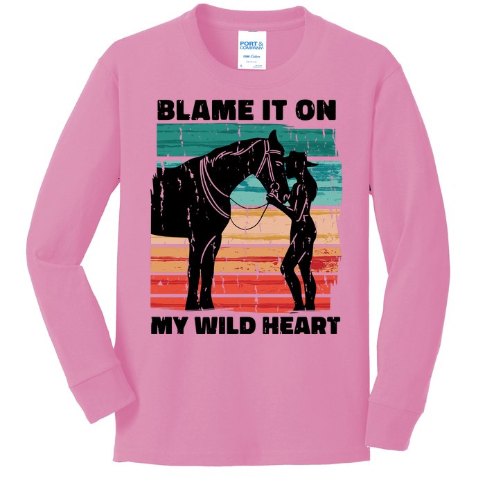 Blame It On My Wild Heart Horse Retro Kids Long Sleeve Shirt