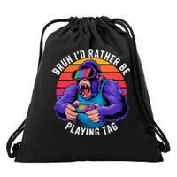 Bruh ID Rather Be Playing Tag Monkey Video Game Gorilla Drawstring Bag