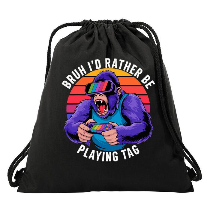 Bruh ID Rather Be Playing Tag Monkey Video Game Gorilla Drawstring Bag