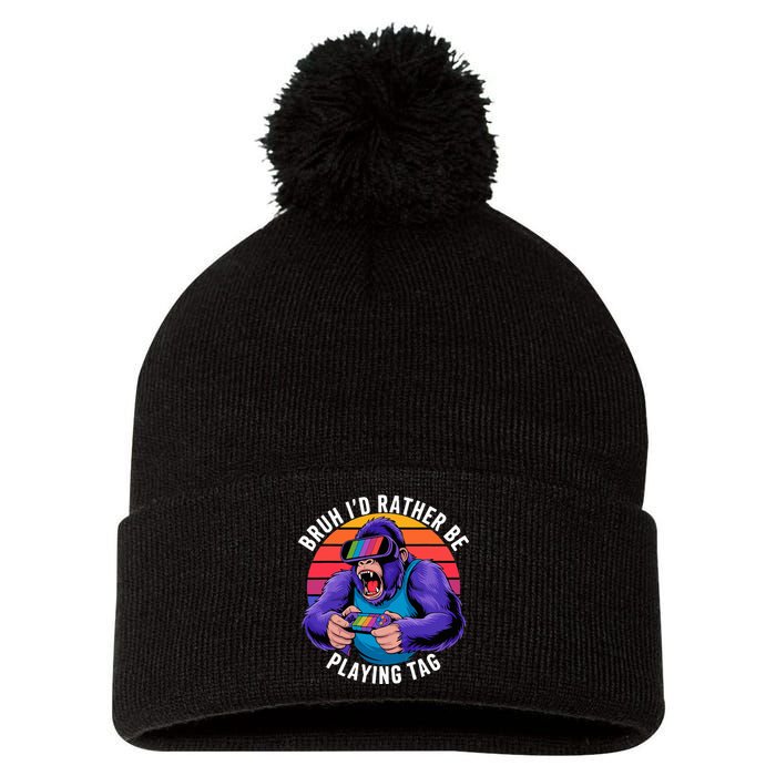 Bruh ID Rather Be Playing Tag Monkey Video Game Gorilla Pom Pom 12in Knit Beanie