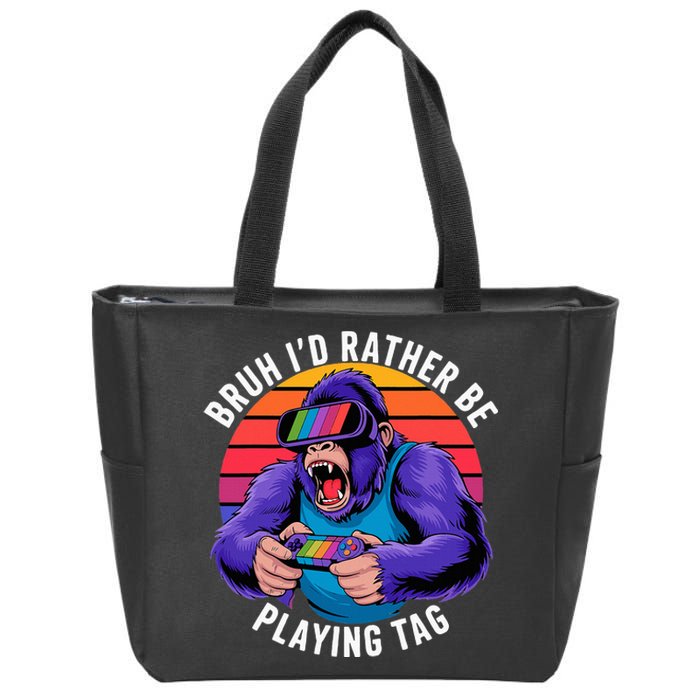 Bruh ID Rather Be Playing Tag Monkey Video Game Gorilla Zip Tote Bag