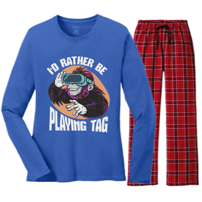 Bruh Id Rather Be Playing Tag Monkey Women's Long Sleeve Flannel Pajama Set 