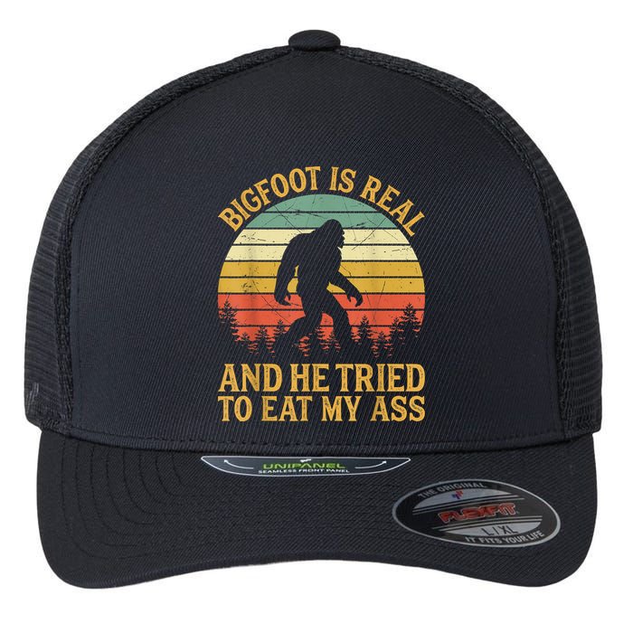 Bigfoot Is Real And He Tried To Eat My Ass Funny Sasquatch Flexfit Unipanel Trucker Cap
