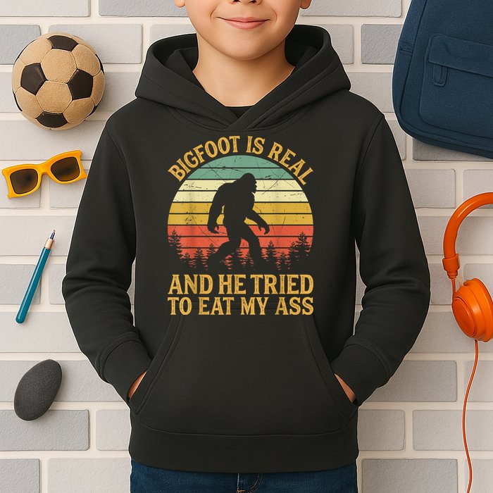 Bigfoot Is Real And He Tried To Eat My Ass Funny Sasquatch Kids Hoodie