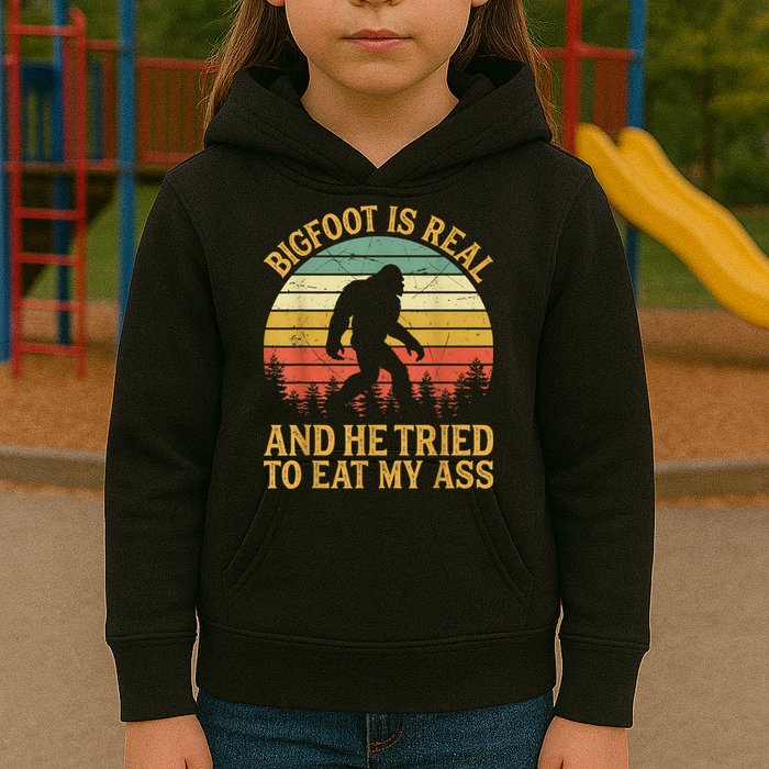 Bigfoot Is Real And He Tried To Eat My Ass Funny Sasquatch Kids Hoodie