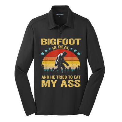 Bigfoot Is Real He Tried To Eat My Ass Retro Silk Touch Performance Long Sleeve Polo