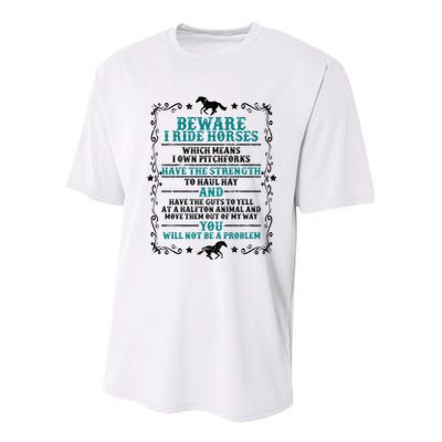 Beware I Ride Horses You Will Not Be A Problem Horse Lover Youth Performance Sprint T-Shirt