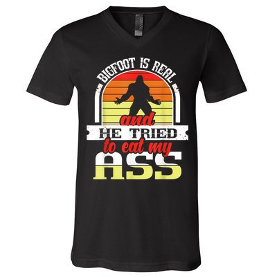 Bigfoot Is Real And He Tried To Funny Bigfoot Sasquatch V-Neck T-Shirt