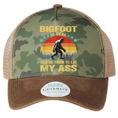 Bigfoot Is Real And He Tried To Eat My Ass Meme Retro Vintage Legacy Tie Dye Trucker Hat