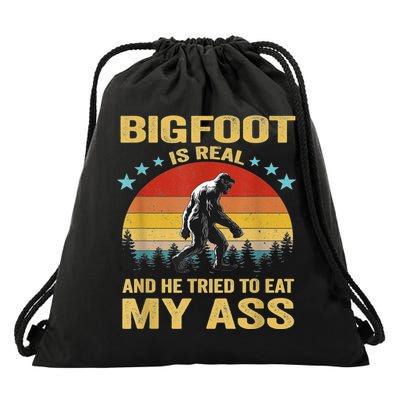 Bigfoot Is Real And He Tried To Eat My Ass Meme Retro Vintage Drawstring Bag