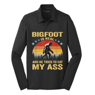 Bigfoot Is Real And He Tried To Eat My Ass Meme Retro Vintage Silk Touch Performance Long Sleeve Polo