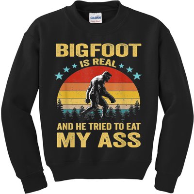 Bigfoot Is Real And He Tried To Eat My Ass Meme Retro Vintage Kids Sweatshirt