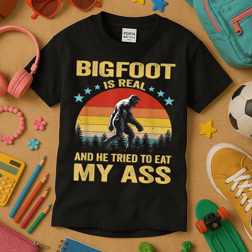 Bigfoot Is Real And He Tried To Eat My Ass Meme Retro Vintage Kids T-Shirt