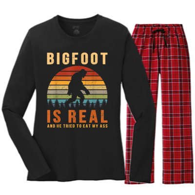 Bigfoot Is Real And He Tried To Eat My Ass Funny Sasquatch Women's Long Sleeve Flannel Pajama Set 