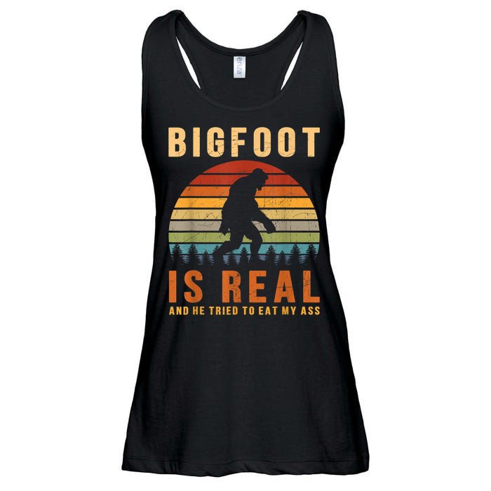 Bigfoot Is Real And He Tried To Eat My Ass Funny Sasquatch Ladies Essential Flowy Tank