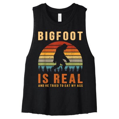 Bigfoot Is Real And He Tried To Eat My Ass Funny Sasquatch Women's Racerback Cropped Tank