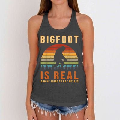 Bigfoot Is Real And He Tried To Eat My Ass Funny Sasquatch Women's Knotted Racerback Tank