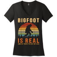 Bigfoot Is Real And He Tried To Eat My Ass Funny Sasquatch Women's V-Neck T-Shirt