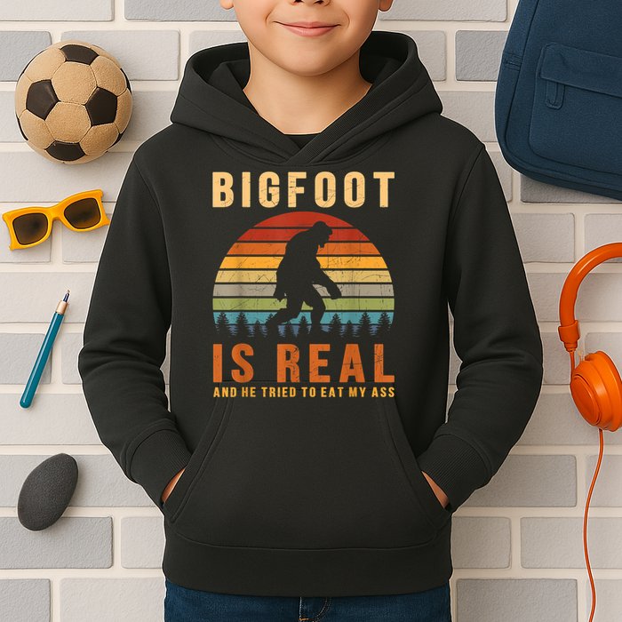 Bigfoot Is Real And He Tried To Eat My Ass Funny Sasquatch Kids Hoodie