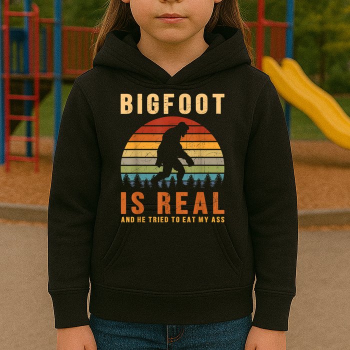 Bigfoot Is Real And He Tried To Eat My Ass Funny Sasquatch Kids Hoodie