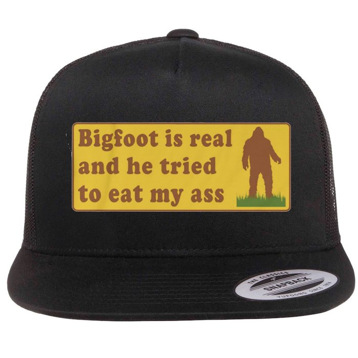 Bigfoot Is Real And He Tried To Eat My Ass Funny Oddly Specific Meme Flat Bill Trucker Hat