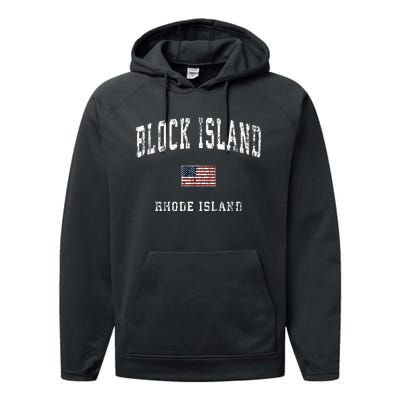 Block Island Rhode Island Ri Vintage American Flag Sports Performance Fleece Hoodie