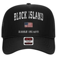 Block Island Rhode Island Ri Vintage American Flag Sports High Crown Mesh Back Trucker Hat