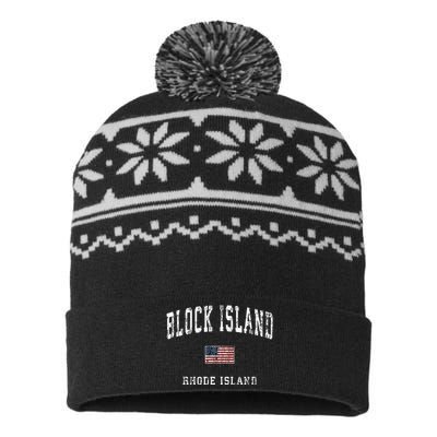 Block Island Rhode Island Ri Vintage American Flag Sports USA-Made Snowflake Beanie