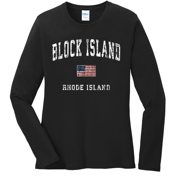 Block Island Rhode Island Ri Vintage American Flag Sports Ladies Long Sleeve Shirt