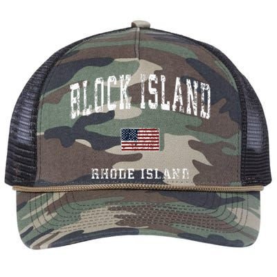 Block Island Rhode Island Ri Vintage American Flag Sports Retro Rope Trucker Hat Cap