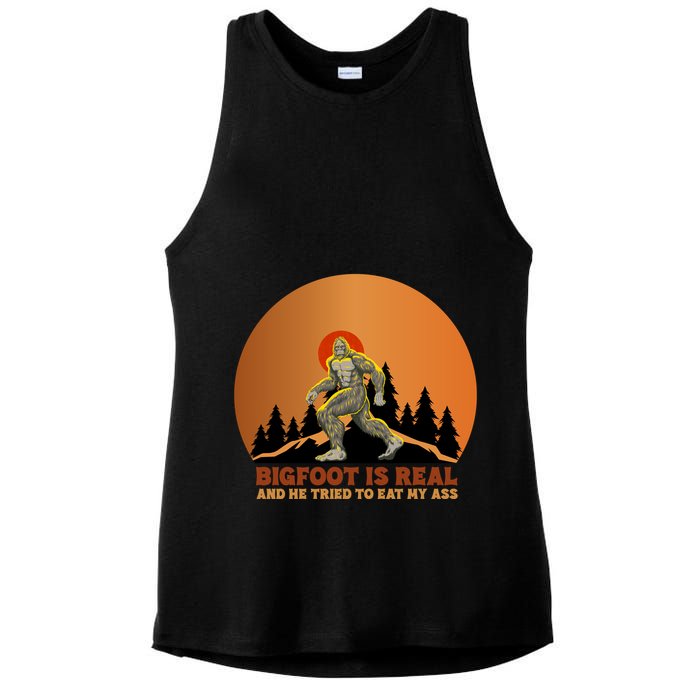 Bigfoot Is Real And He Tried To Eat My Ass Funny Sasquatch Ladies PosiCharge Tri-Blend Wicking Tank