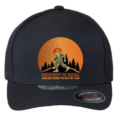 Bigfoot Is Real And He Tried To Eat My Ass Funny Sasquatch Flexfit Unipanel Trucker Cap