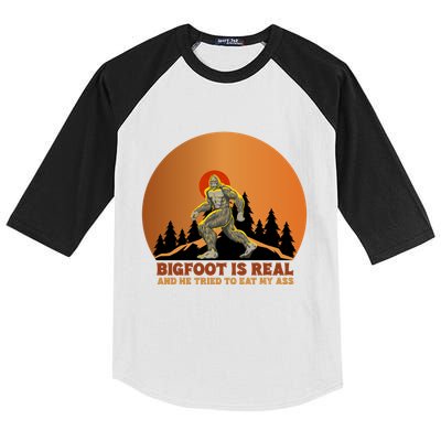 Bigfoot Is Real And He Tried To Eat My Ass Funny Sasquatch Kids Colorblock Raglan Jersey
