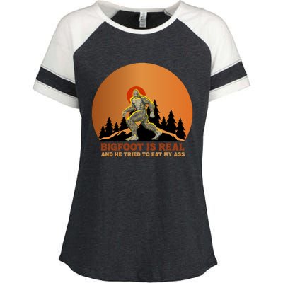 Bigfoot Is Real And He Tried To Eat My Ass Funny Sasquatch Enza Ladies Jersey Colorblock Tee