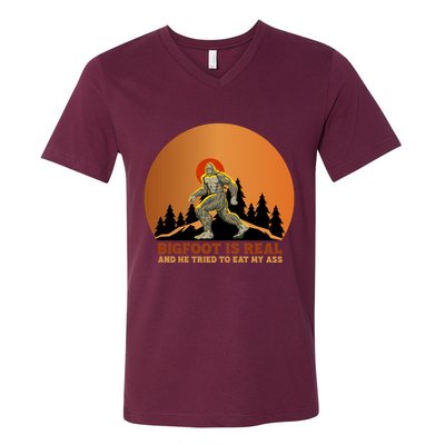 Bigfoot Is Real And He Tried To Eat My Ass Funny Sasquatch V-Neck T-Shirt
