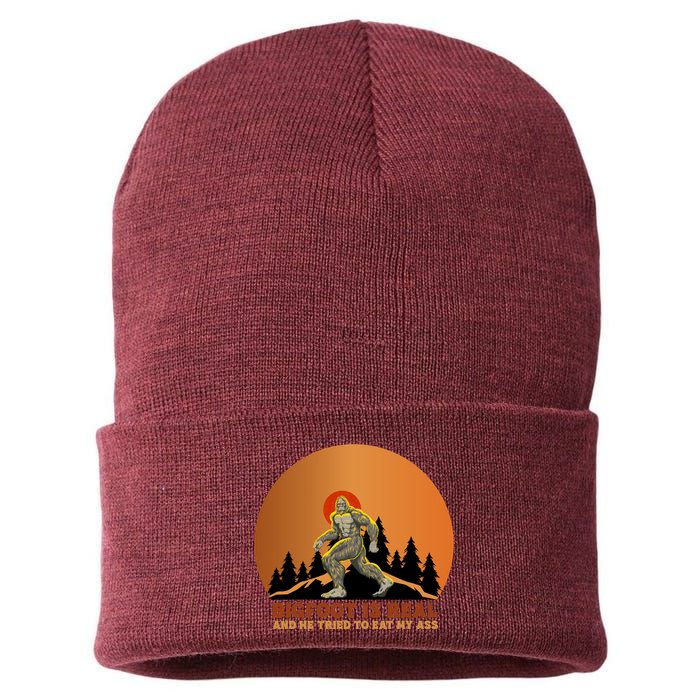 Bigfoot Is Real And He Tried To Eat My Ass Funny Sasquatch Sustainable Knit Beanie