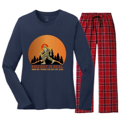 Bigfoot Is Real And He Tried To Eat My Ass Funny Sasquatch Women's Long Sleeve Flannel Pajama Set 