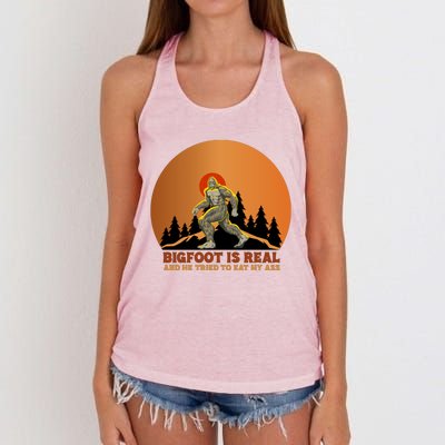 Bigfoot Is Real And He Tried To Eat My Ass Funny Sasquatch Women's Knotted Racerback Tank